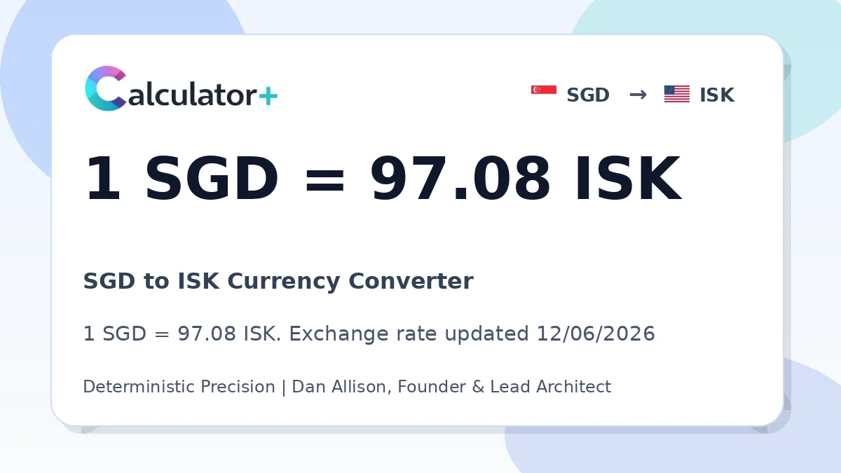 SGD to ISK exchange rate card showing 1 SGD = 97.08 ISK. Exchange rate updated 12/06/2026.