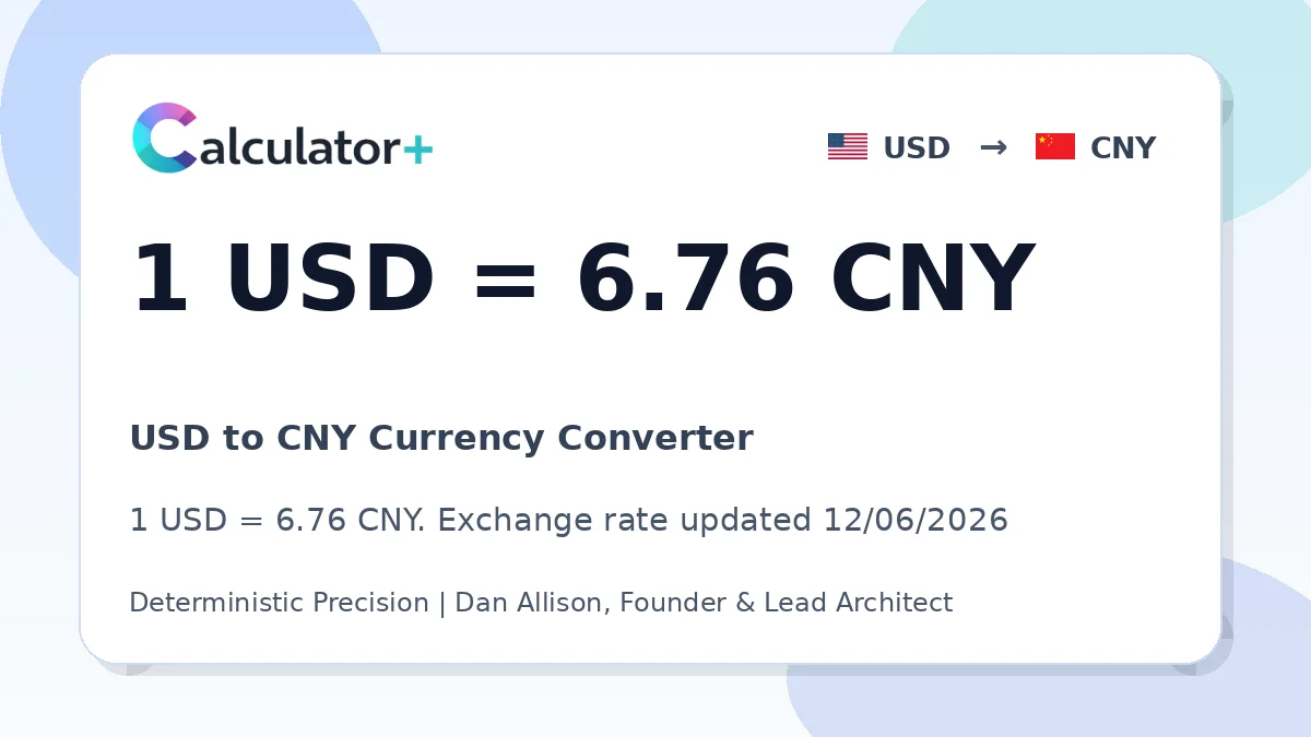 USD to CNY exchange rate card showing 1 USD = 6.78 CNY. Exchange rate updated 12/06/2026.