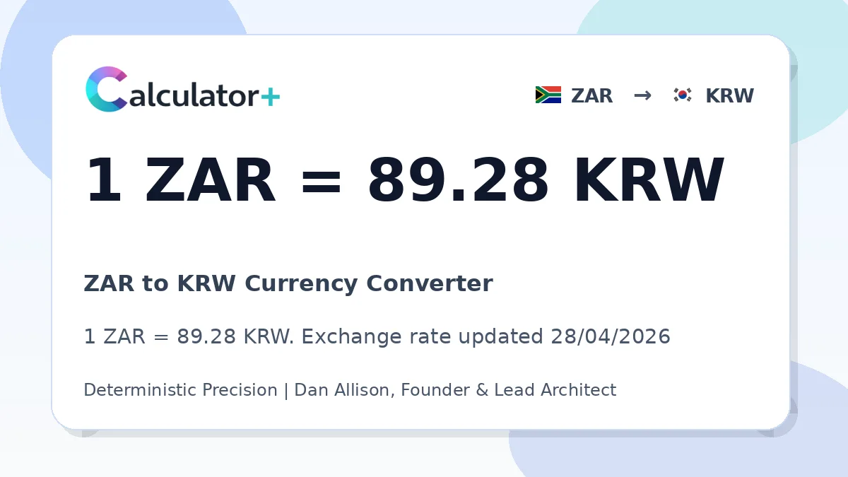 ZAR to KRW exchange rate card showing 1 ZAR = 89.28 KRW. Exchange rate updated 28/04/2026.