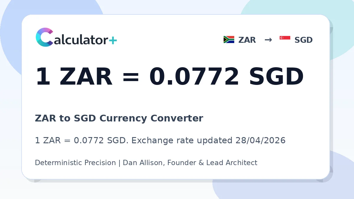 ZAR to SGD exchange rate card showing 1 ZAR = 0.0772 SGD. Exchange rate updated 28/04/2026.