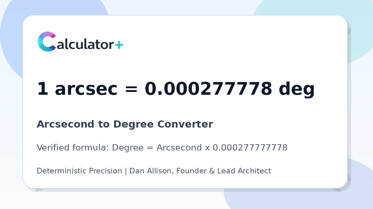 Arcsecond to Degree conversion result card showing 1 arcsec equals 0.000277778 deg, verified by Calculator+.