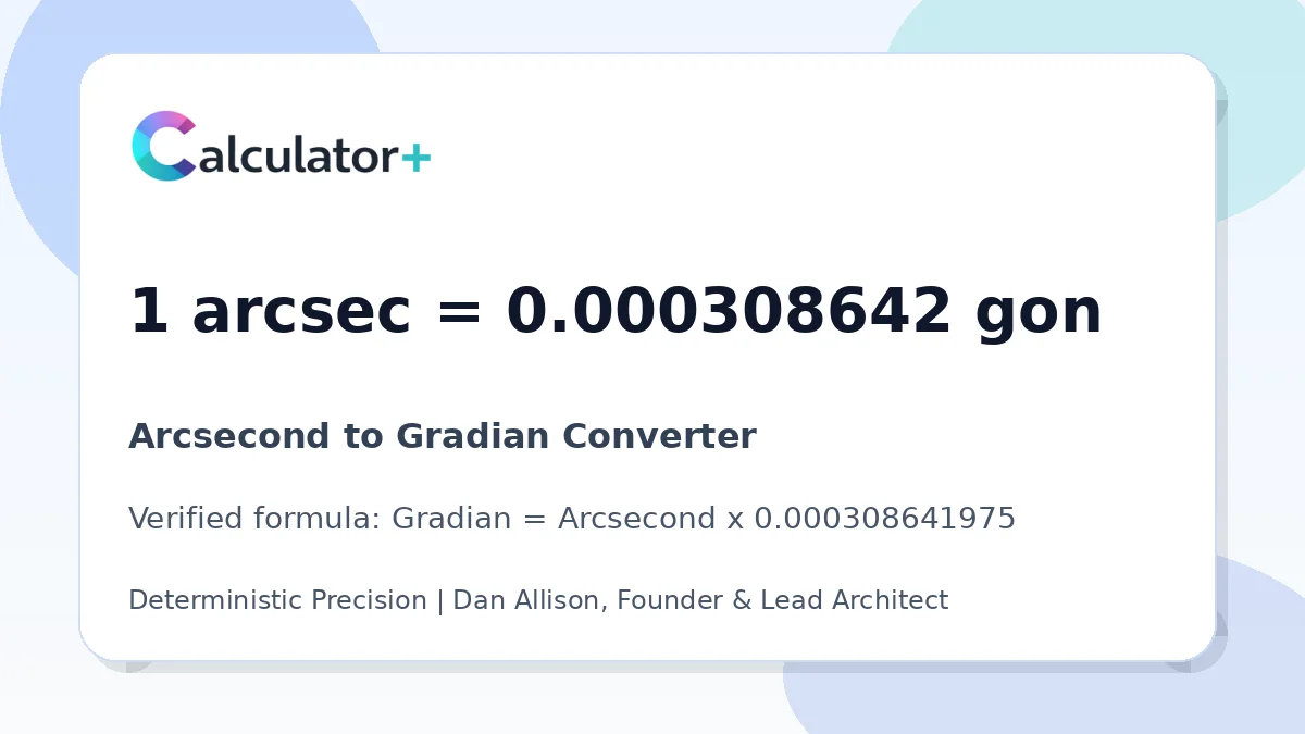 Arcsecond to Gradian conversion result card showing 1 arcsec equals 0.000308642 gon, verified by Calculator+.
