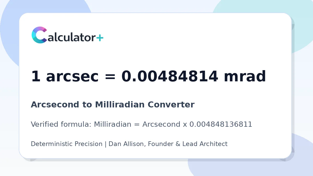 Arcsecond to Milliradian conversion result card showing 1 arcsec equals 0.00484814 mrad, verified by Calculator+.