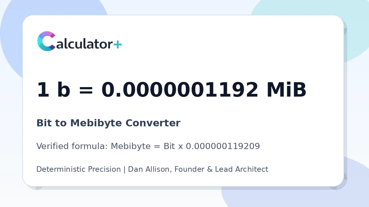Bit to Mebibyte conversion result card showing 1 b equals 0.0000001192 MiB, verified by Calculator+.