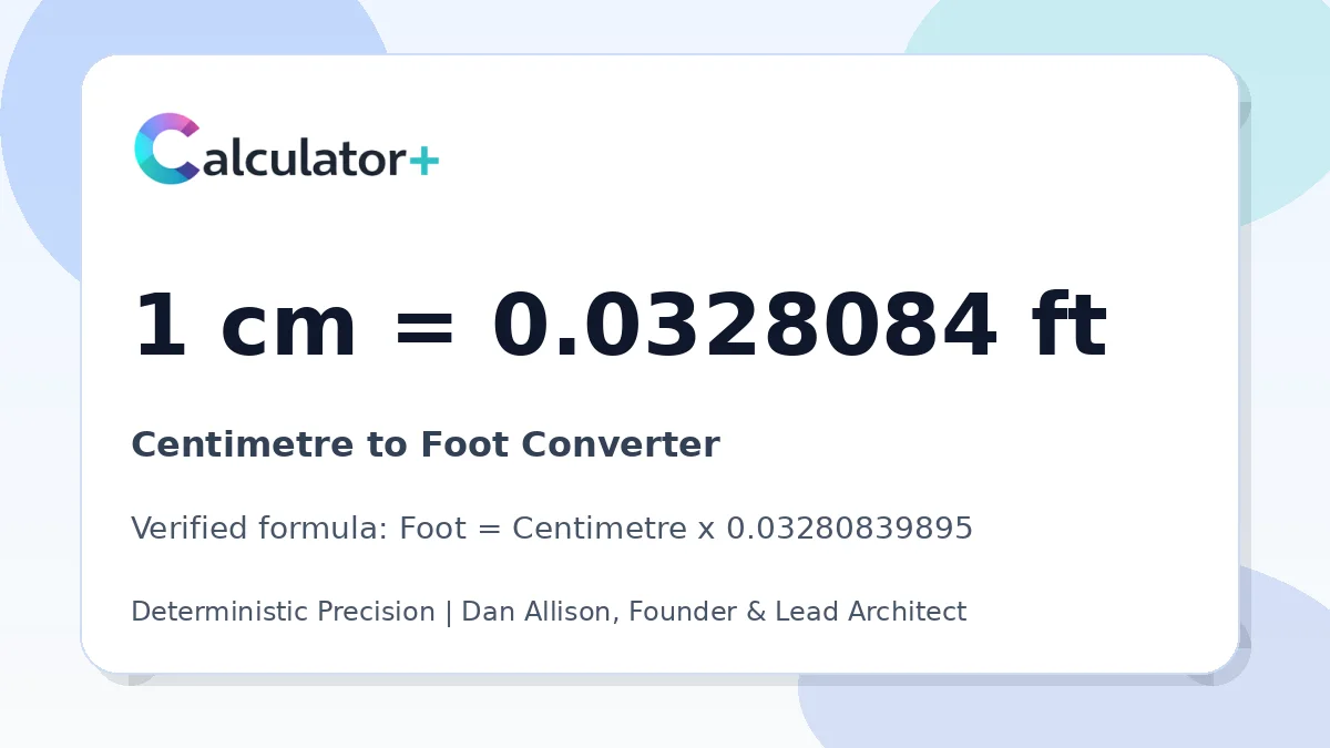 Centimetre to Foot conversion result card showing 1 cm equals 0.0328084 ft, verified by Calculator+.