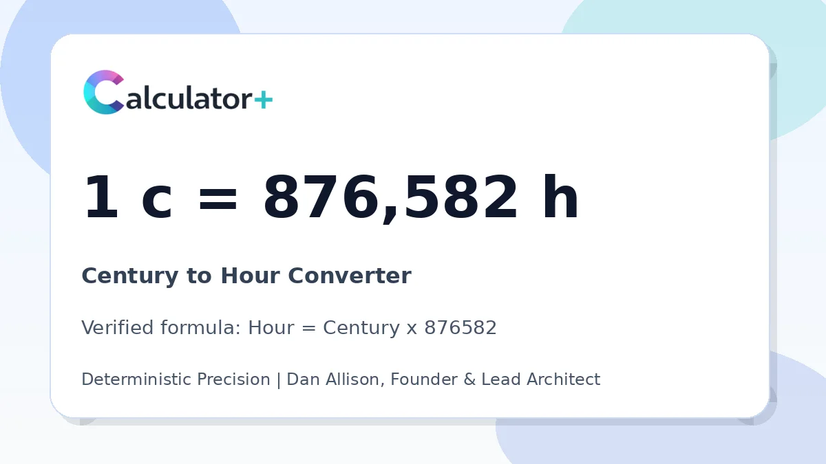 Century to Hour conversion result card showing 1 c equals 876,582 h, verified by Calculator+.