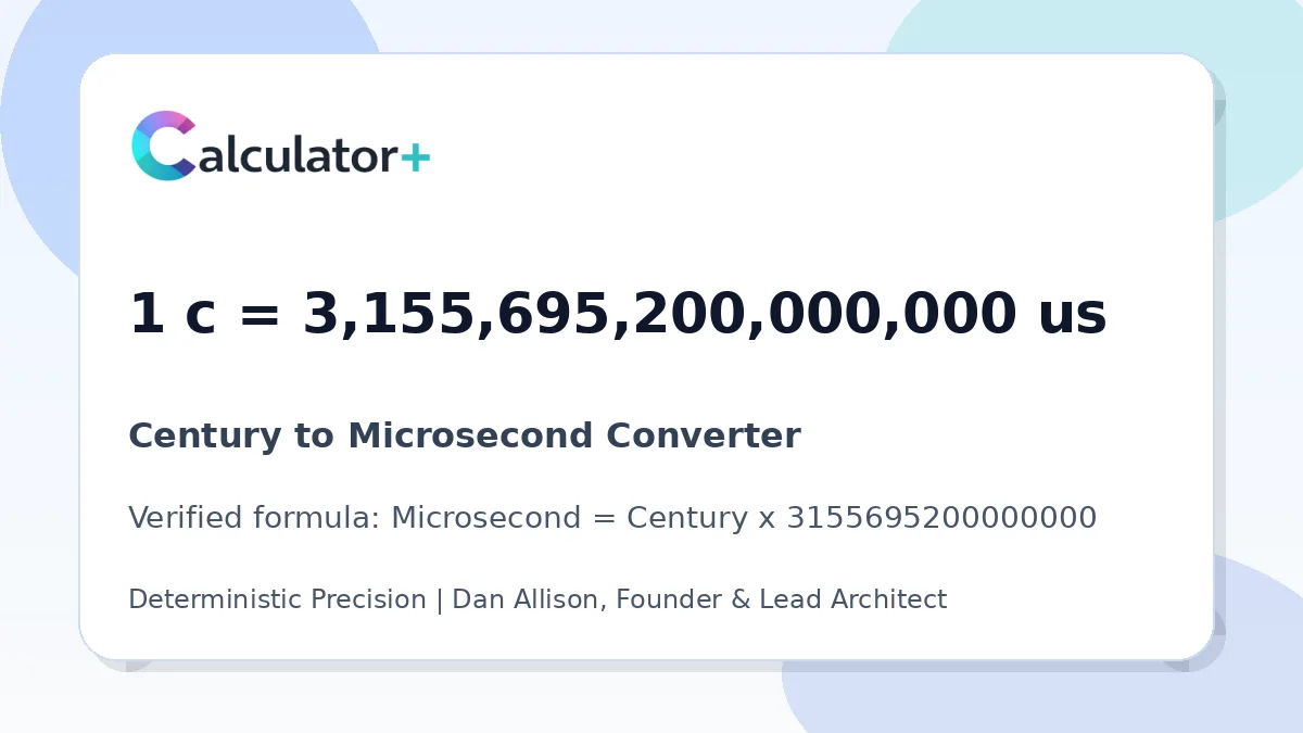 Century to Microsecond conversion result card showing 1 c equals 3,155,695,200,000,000 us, verified by Calculator+.