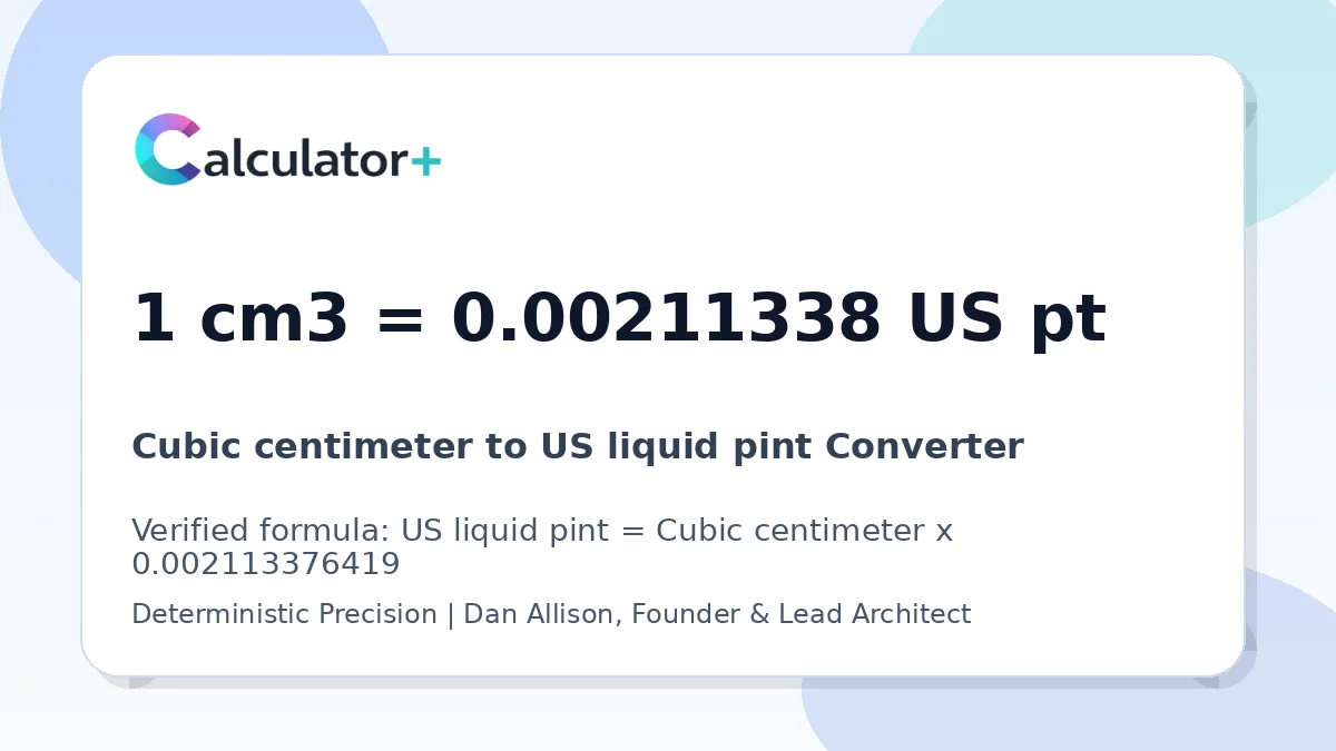 Cubic centimeter to US liquid pint conversion result card showing 1 cm3 equals 0.00211338 US pt, verified by Calculator+.