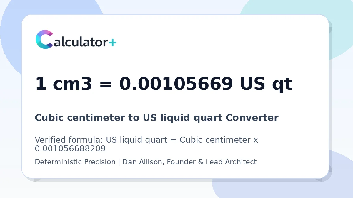 Cubic centimeter to US liquid quart conversion result card showing 1 cm3 equals 0.00105669 US qt, verified by Calculator+.