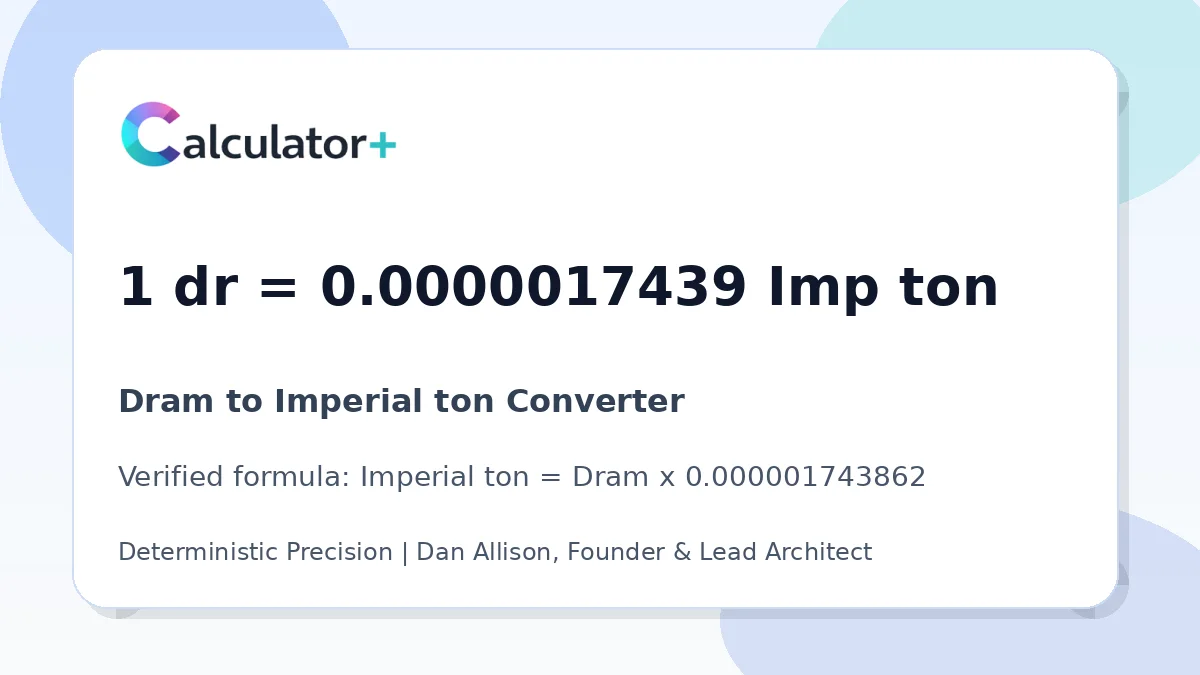 Dram to Imperial ton conversion result card showing 1 dr equals 0.0000017439 Imp ton, verified by Calculator+.