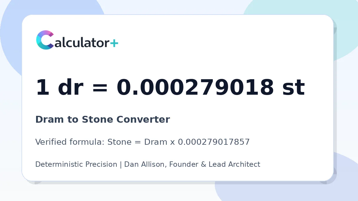 Dram to Stone conversion result card showing 1 dr equals 0.000279018 st, verified by Calculator+.