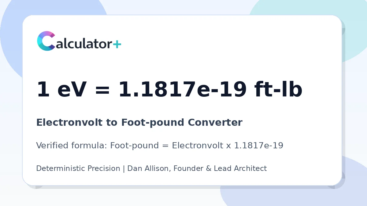 Electronvolt to Foot-pound conversion result card showing 1 eV equals 1.1817e-19 ft-lb, verified by Calculator+.