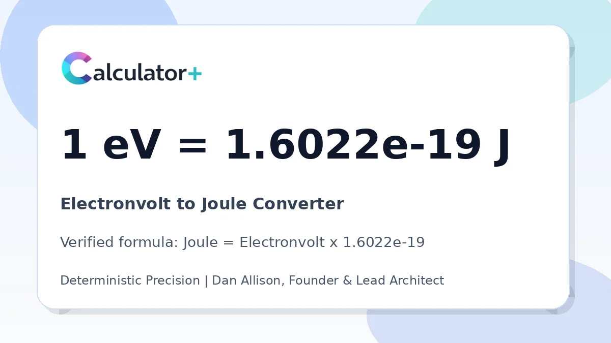 Electronvolt to Joule conversion result card showing 1 eV equals 1.6022e-19 J, verified by Calculator+.