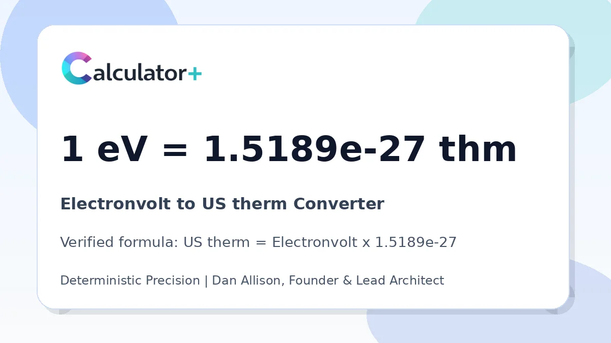 Electronvolt to US therm conversion result card showing 1 eV equals 1.5189e-27 thm, verified by Calculator+.