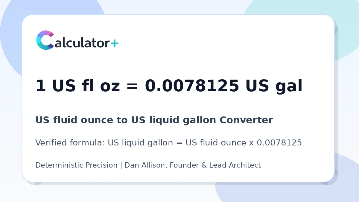 US fluid ounce to US liquid gallon conversion result card showing 1 US fl oz equals 0.0078125 US gal, verified by Calculator+.
