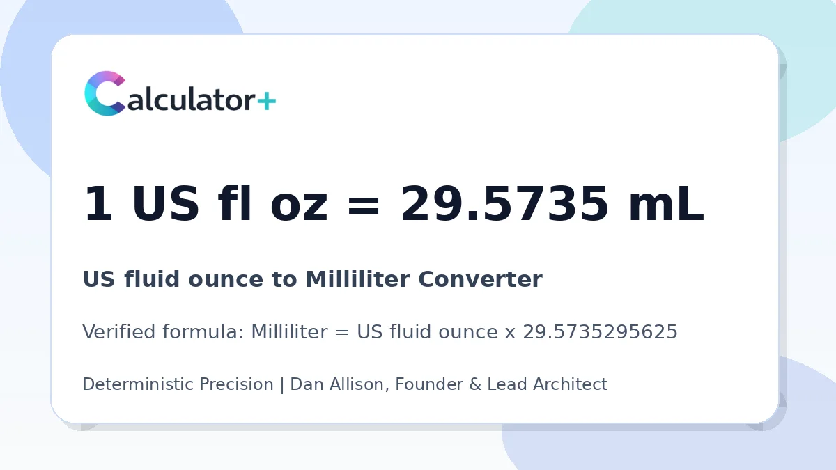 US fluid ounce to Milliliter conversion result card showing 1 US fl oz equals 29.5735 mL, verified by Calculator+.