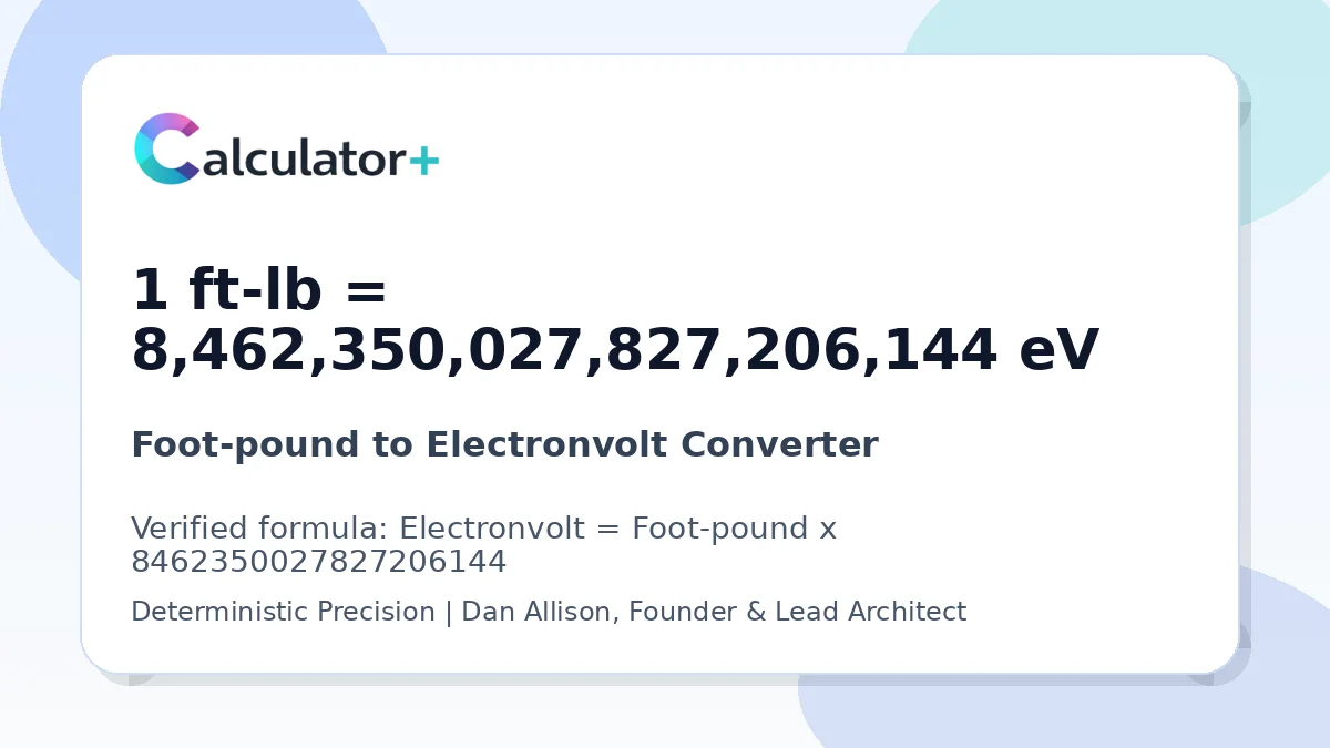 Foot-pound to Electronvolt conversion result card showing 1 ft-lb equals 8,462,350,027,827,206,144 eV, verified by Calculator+.
