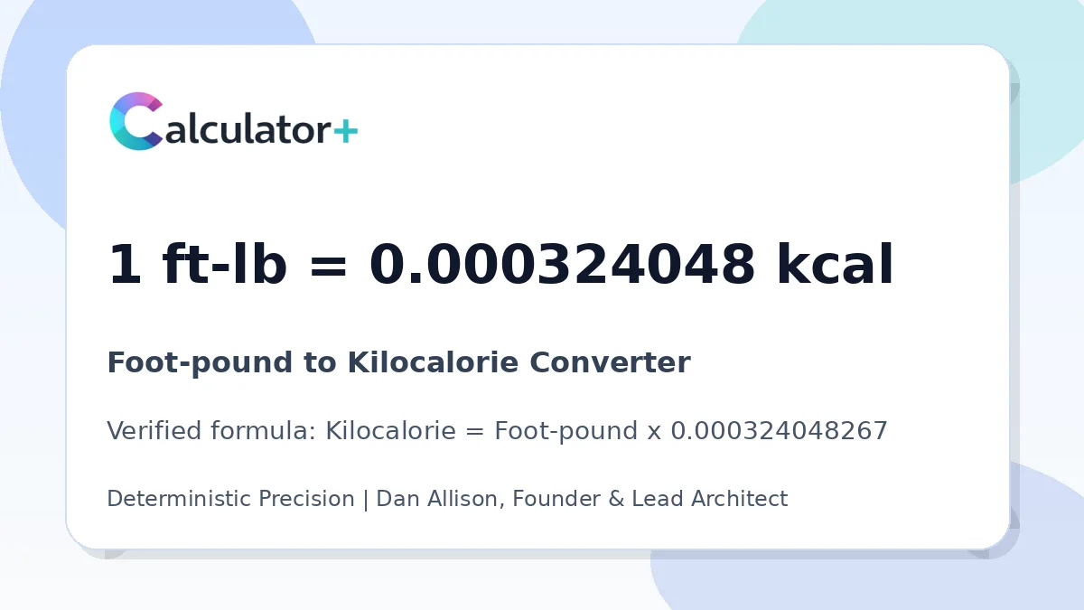 Foot-pound to Kilocalorie conversion result card showing 1 ft-lb equals 0.000324048 kcal, verified by Calculator+.