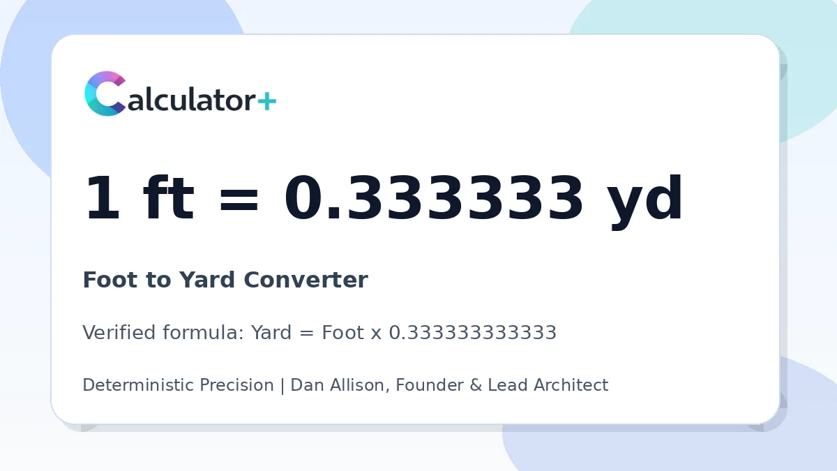 Foot to Yard conversion result card showing 1 ft equals 0.333333 yd, verified by Calculator+.