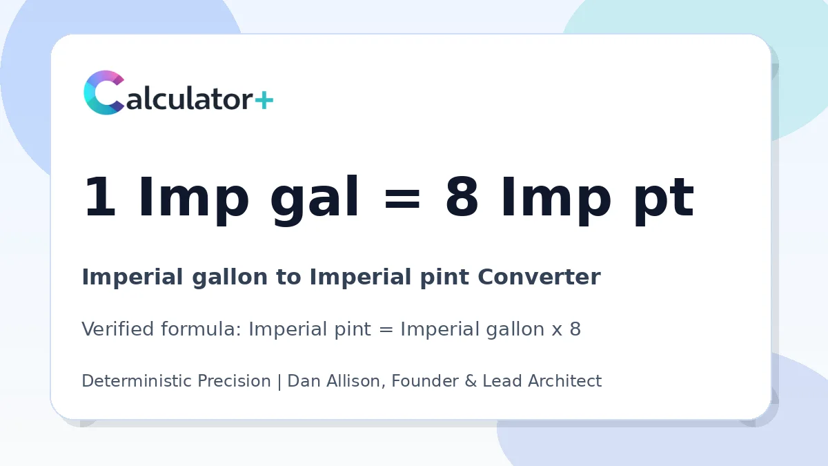 Imperial gallon to Imperial pint conversion result card showing 1 Imp gal equals 8 Imp pt, verified by Calculator+.