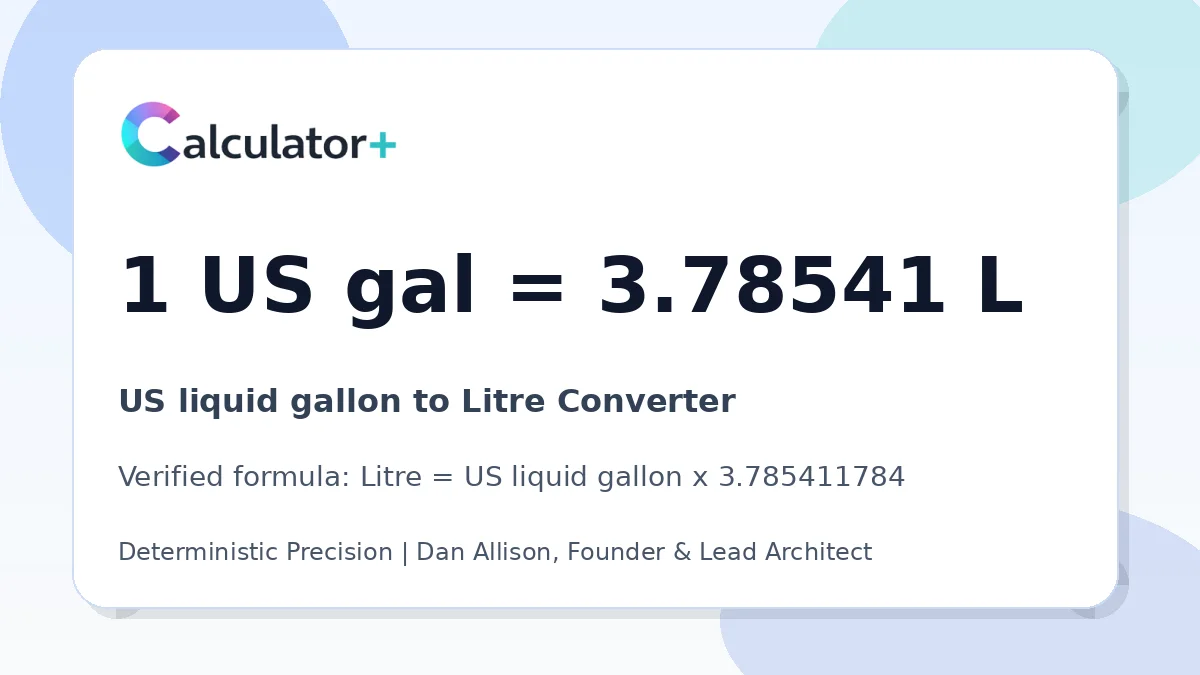 US liquid gallon to Litre conversion result card showing 1 US gal equals 3.78541 L, verified by Calculator+.