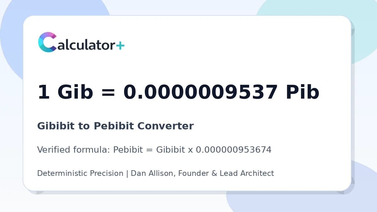 Gibibit to Pebibit conversion result card showing 1 Gib equals 0.0000009537 Pib, verified by Calculator+.
