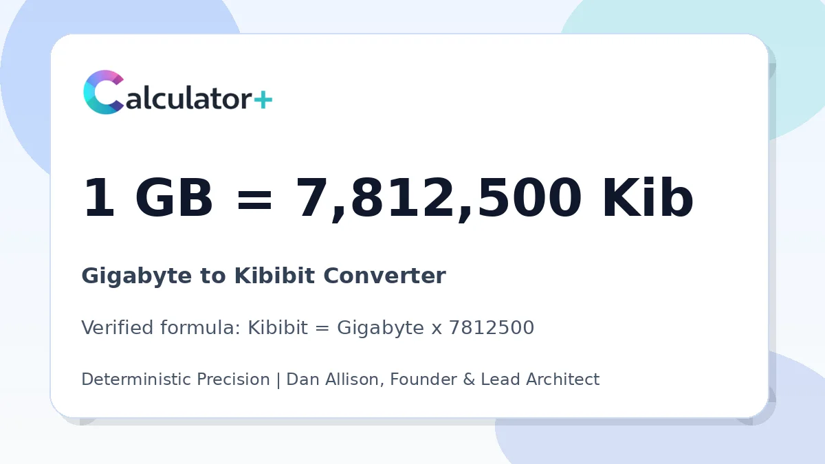 Gigabyte to Kibibit conversion result card showing 1 GB equals 7,812,500 Kib, verified by Calculator+.