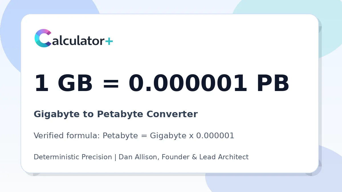 Gigabyte to Petabyte conversion result card showing 1 GB equals 0.000001 PB, verified by Calculator+.