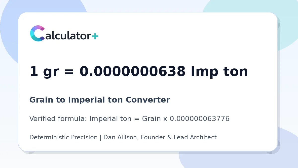 Grain to Imperial ton conversion result card showing 1 gr equals 0.0000000638 Imp ton, verified by Calculator+.
