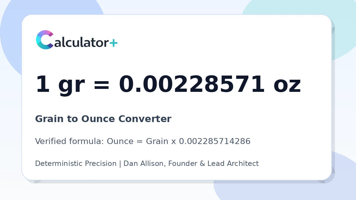 Grain to Ounce conversion result card showing 1 gr equals 0.00228571 oz, verified by Calculator+.