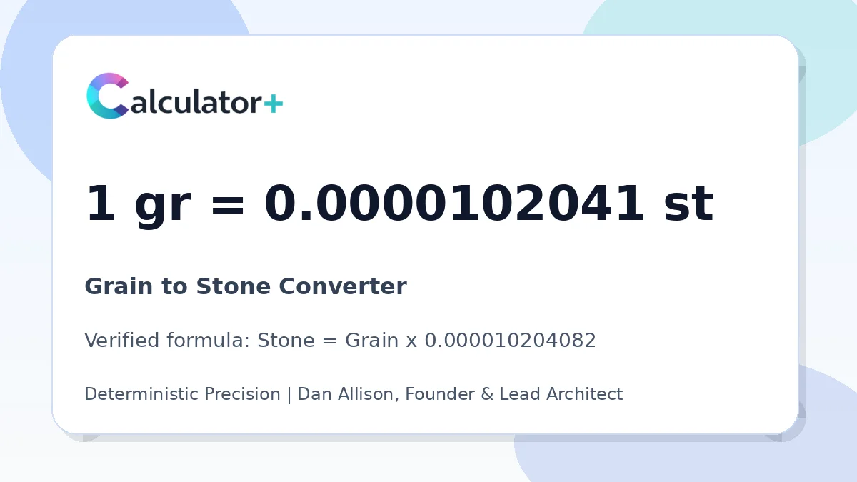 Grain to Stone conversion result card showing 1 gr equals 0.0000102041 st, verified by Calculator+.