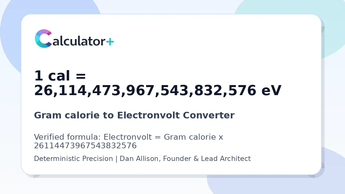 Gram calorie to Electronvolt conversion result card showing 1 cal equals 26,114,473,967,543,832,576 eV, verified by Calculator+.