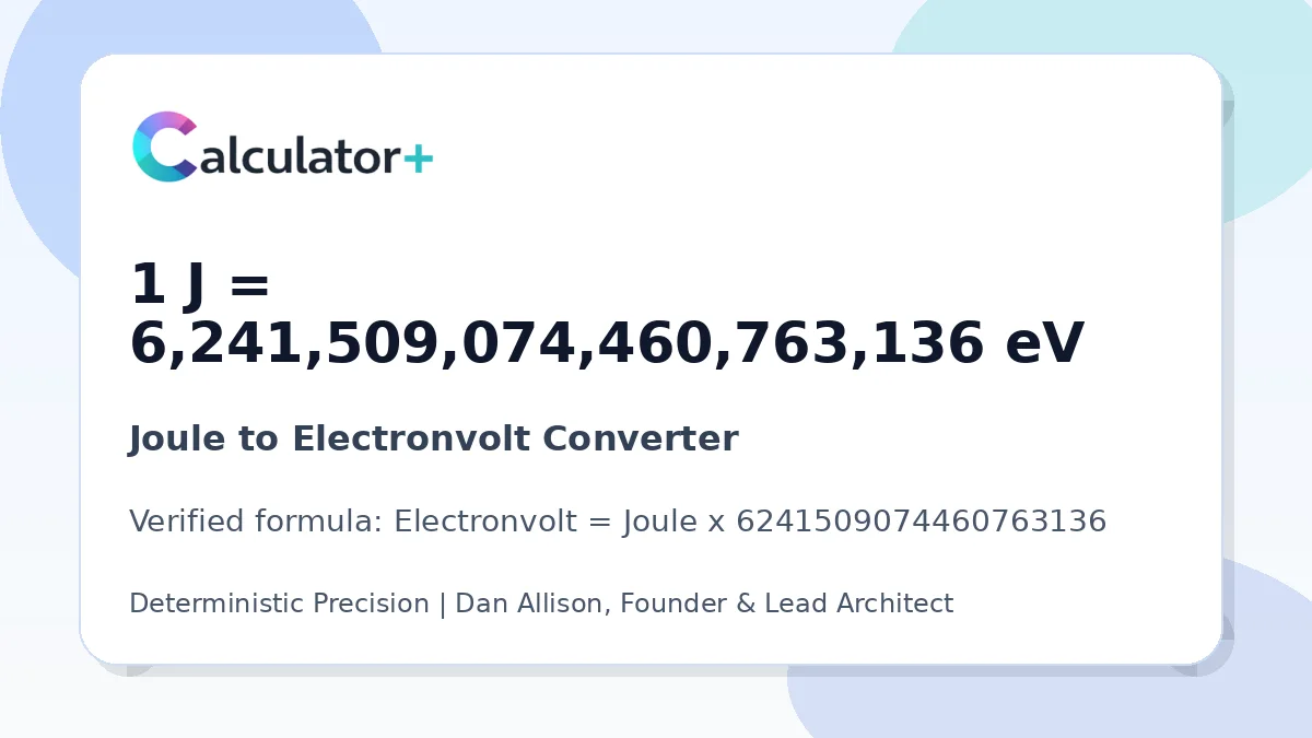 Joule to Electronvolt conversion result card showing 1 J equals 6,241,509,074,460,763,136 eV, verified by Calculator+.