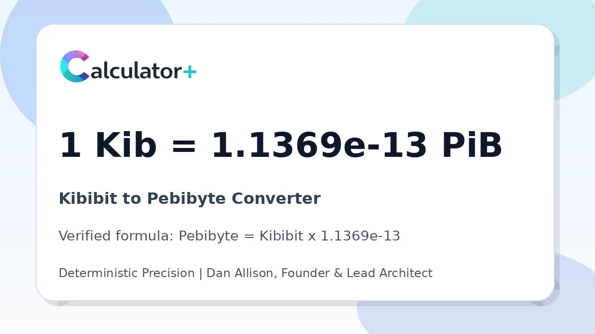 Kibibit to Pebibyte conversion result card showing 1 Kib equals 1.1369e-13 PiB, verified by Calculator+.