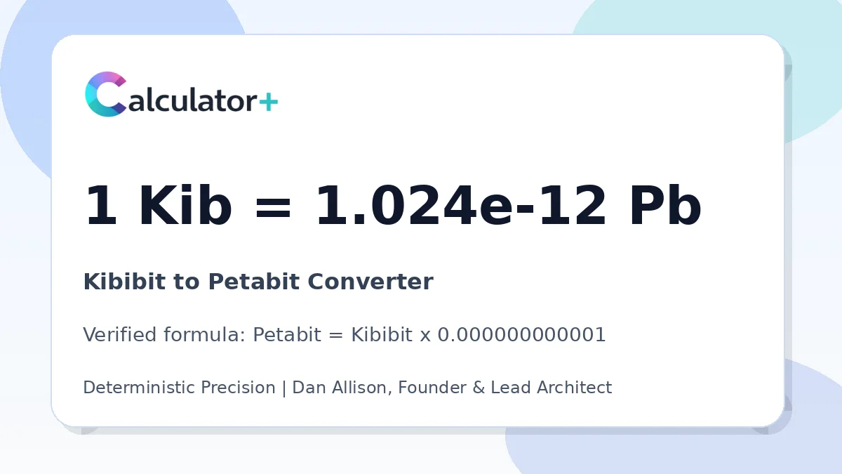 Kibibit to Petabit conversion result card showing 1 Kib equals 1.024e-12 Pb, verified by Calculator+.
