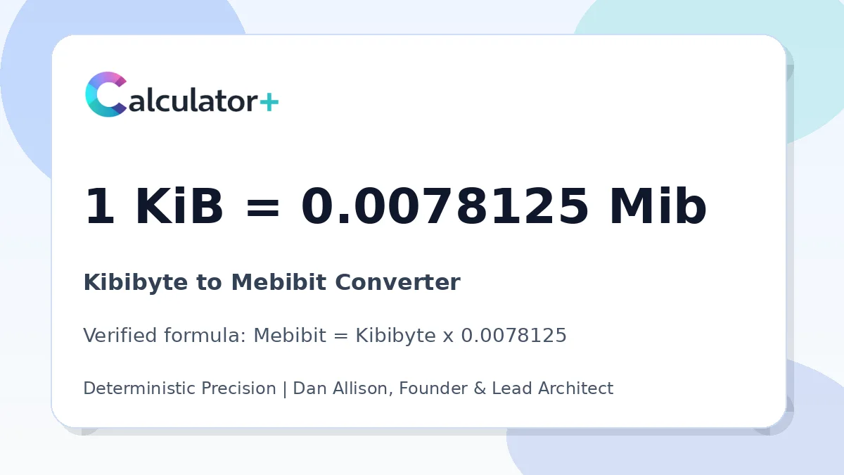 Kibibyte to Mebibit conversion result card showing 1 KiB equals 0.0078125 Mib, verified by Calculator+.