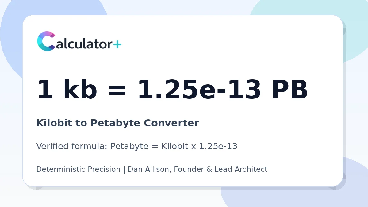 Kilobit to Petabyte conversion result card showing 1 kb equals 1.25e-13 PB, verified by Calculator+.