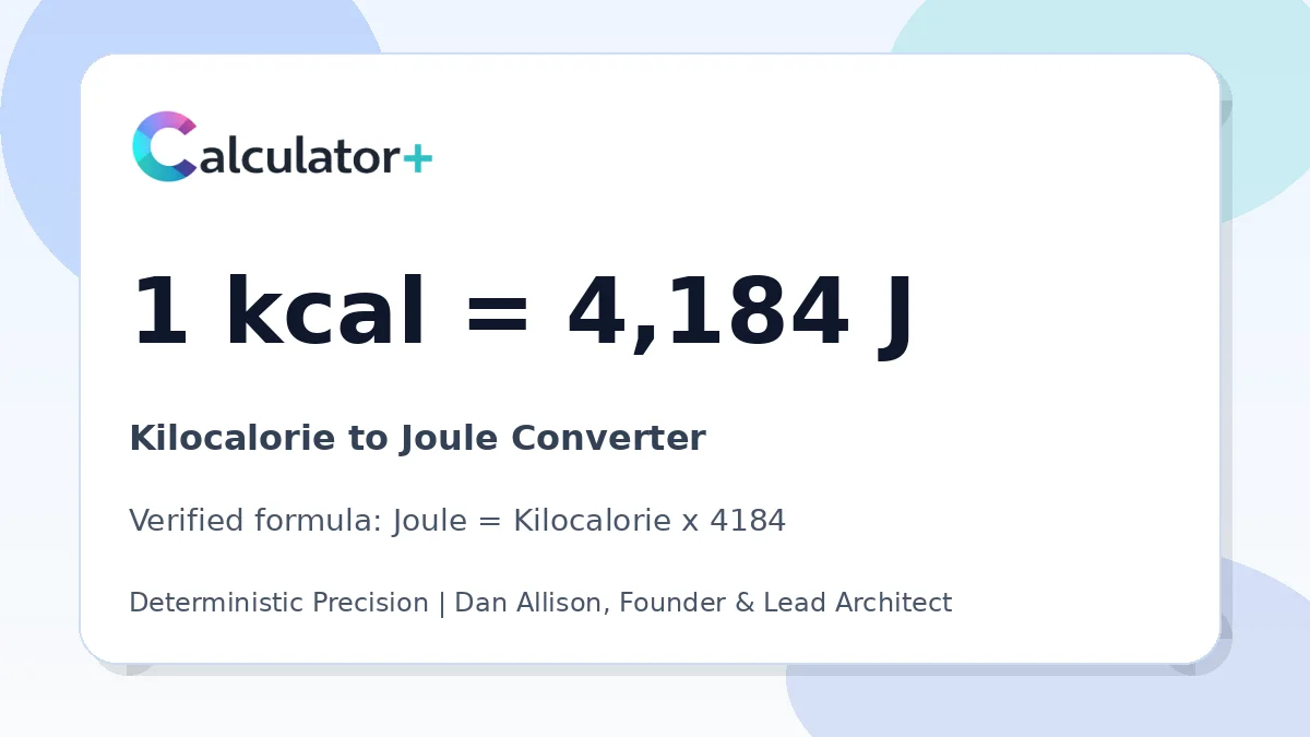 Kilocalorie to Joule conversion result card showing 1 kcal equals 4,184 J, verified by Calculator+.