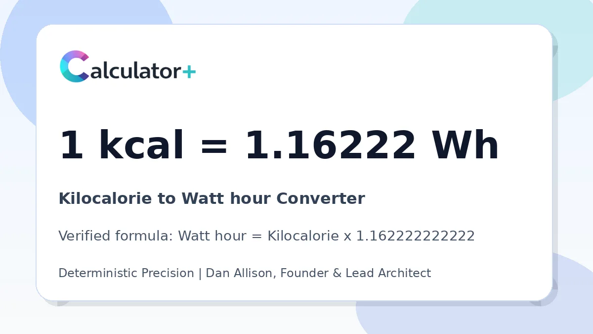 Kilocalorie to Watt hour conversion result card showing 1 kcal equals 1.16222 Wh, verified by Calculator+.
