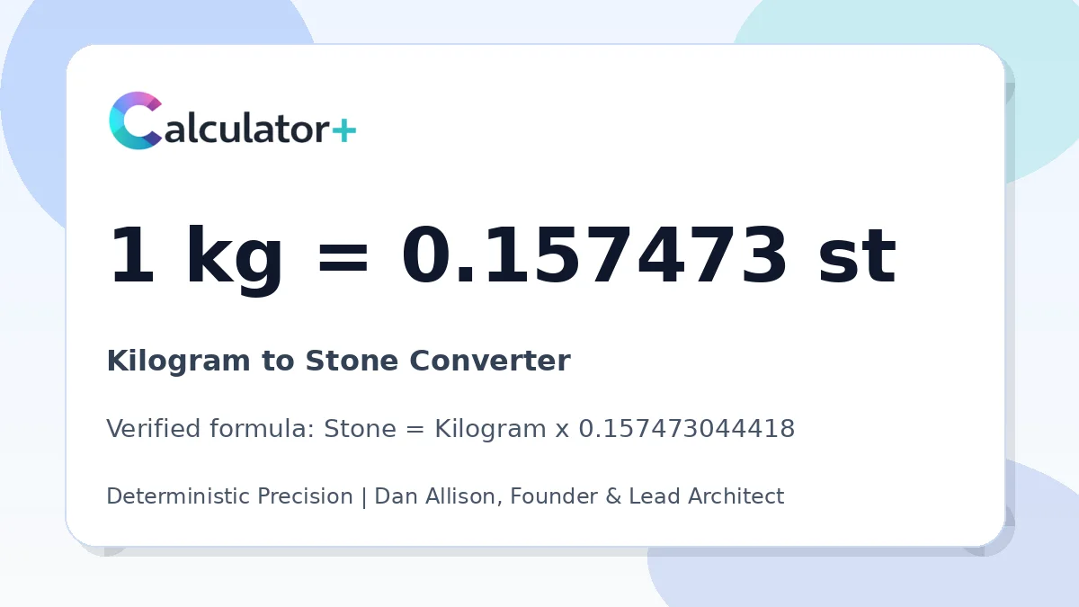 Kilogram to Stone conversion result card showing 1 kg equals 0.157473 st, verified by Calculator+.