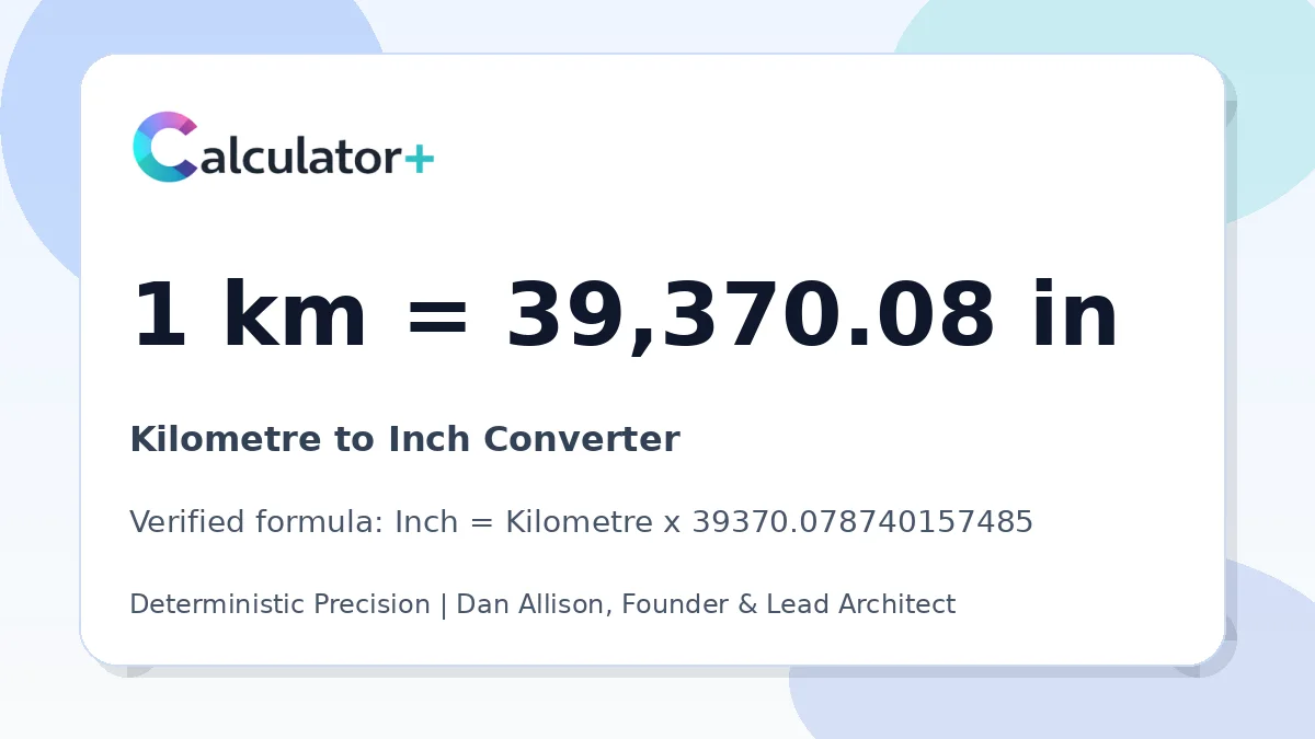 Kilometre to Inch conversion result card showing 1 km equals 39,370.08 in, verified by Calculator+.