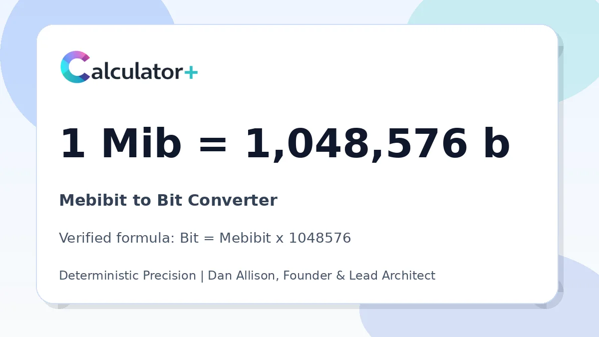 Mebibit to Bit conversion result card showing 1 Mib equals 1,048,576 b, verified by Calculator+.