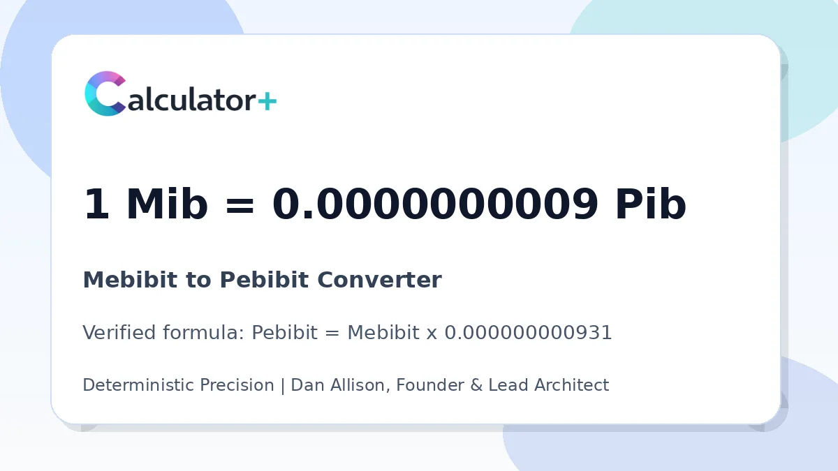Mebibit to Pebibit conversion result card showing 1 Mib equals 0.0000000009 Pib, verified by Calculator+.