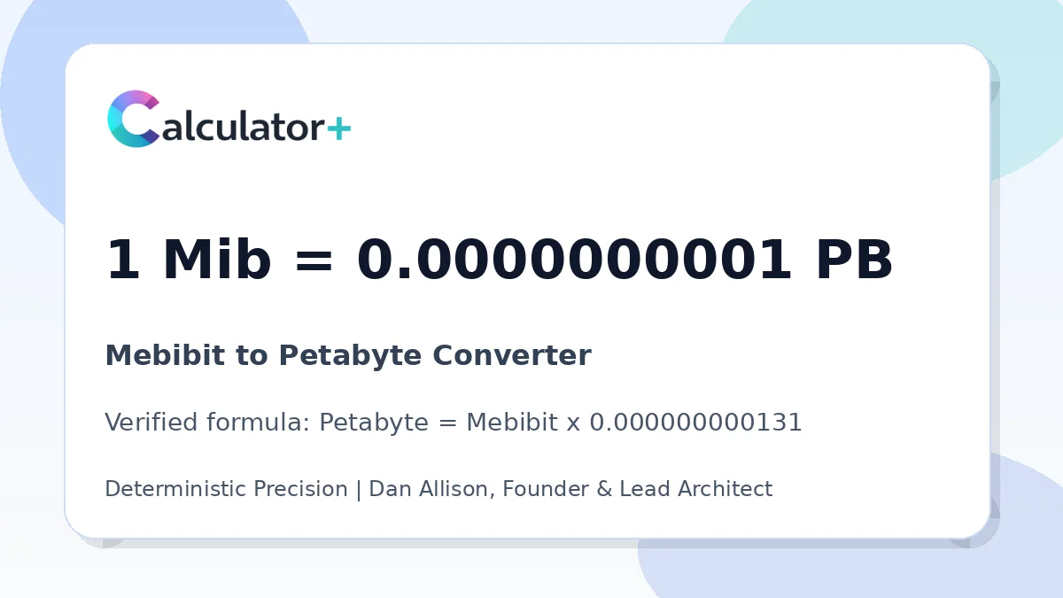 Mebibit to Petabyte conversion result card showing 1 Mib equals 0.0000000001 PB, verified by Calculator+.