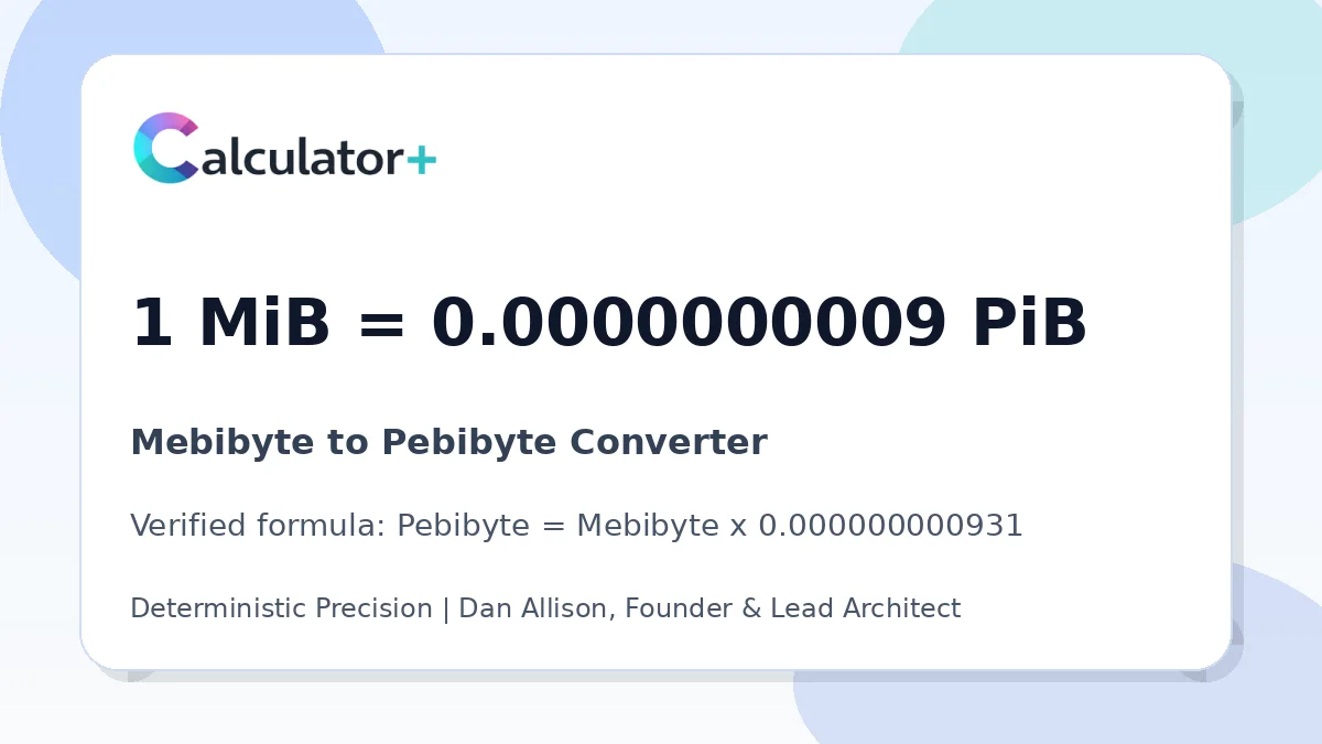 Mebibyte to Pebibyte conversion result card showing 1 MiB equals 0.0000000009 PiB, verified by Calculator+.
