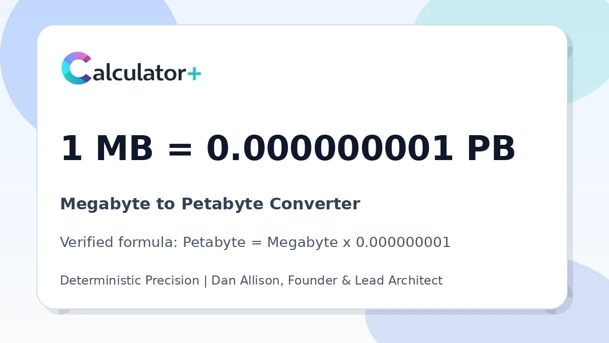 Megabyte to Petabyte conversion result card showing 1 MB equals 0.000000001 PB, verified by Calculator+.