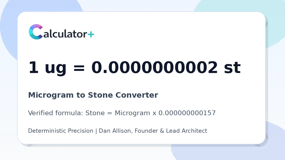 Microgram to Stone conversion result card showing 1 ug equals 0.0000000002 st, verified by Calculator+.