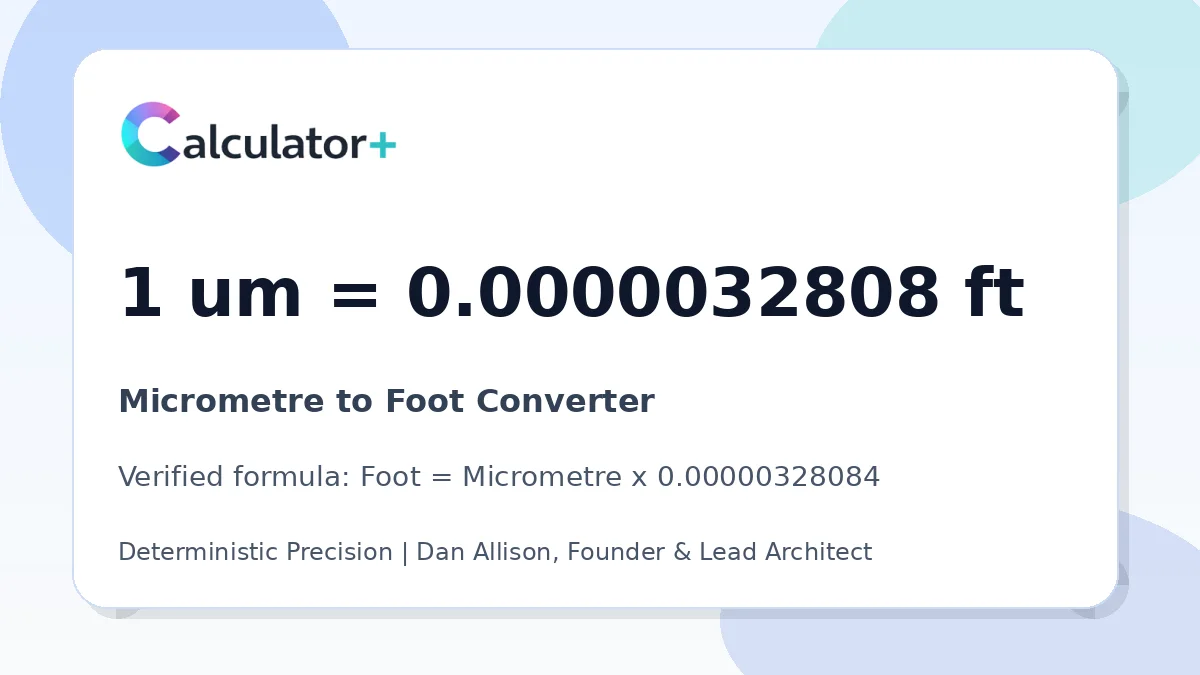 Micrometre to Foot conversion result card showing 1 um equals 0.0000032808 ft, verified by Calculator+.