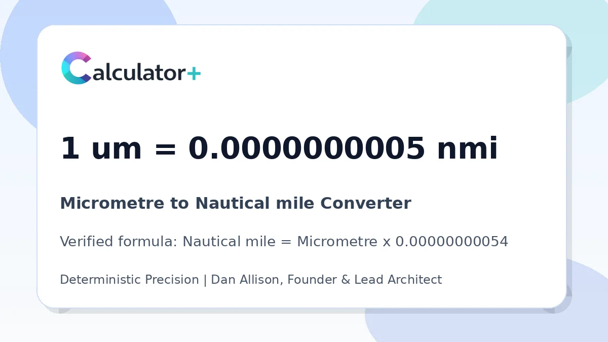Micrometre to Nautical mile conversion result card showing 1 um equals 0.0000000005 nmi, verified by Calculator+.