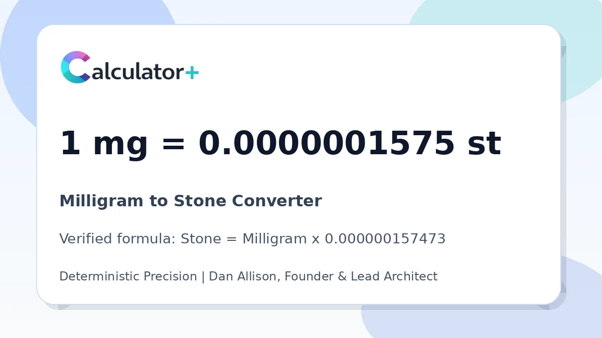 Milligram to Stone conversion result card showing 1 mg equals 0.0000001575 st, verified by Calculator+.